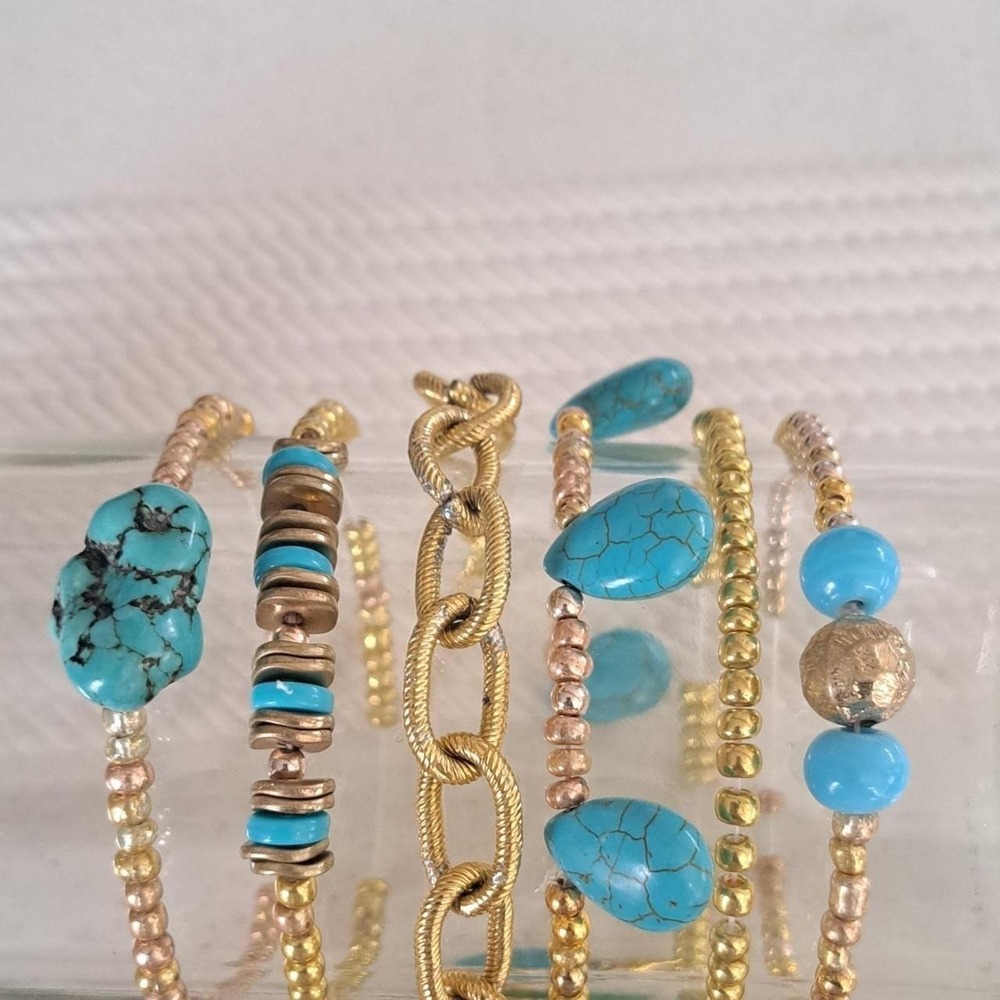 Boho Turquoise Beaded Stretch Bracelet Set Gold Tone Textured Link Chain 6pc